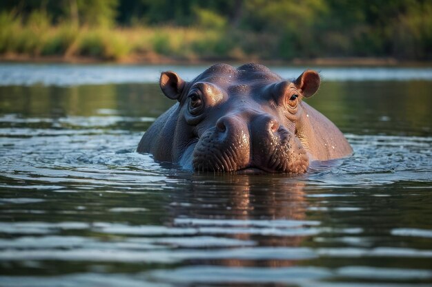 Un ippopotamo immerso nell'acqua con gli occhi che sbirciano