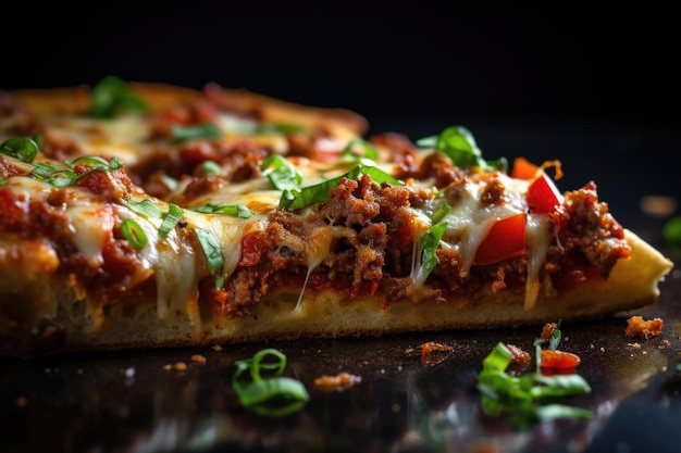 Un'irresistibile fetta di pizza in stile St. Louis che cattura l'essenza della sua crosta senza lievito e dei deliziosi condimenti.