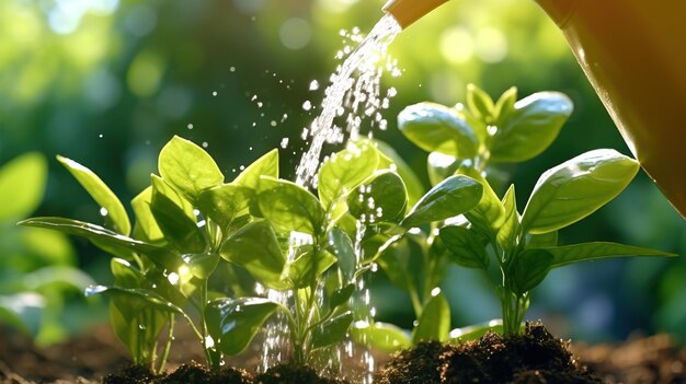 Un irrigatore che innaffia una pianta in un giardino