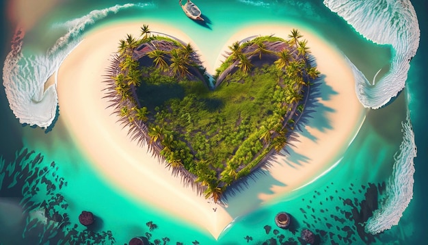 Un'isola a forma di cuore con palme al centro