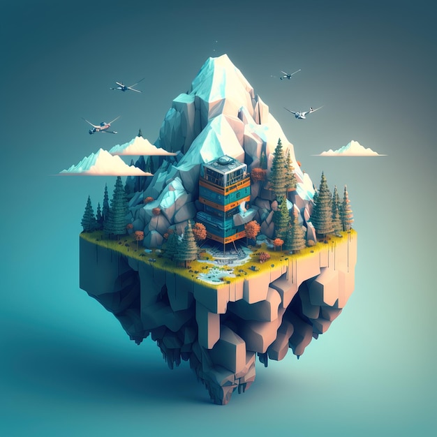 Un'isola che galleggia a mezz'aria in una forma semplificata e minimalista di un mondo di gioco generativo ai