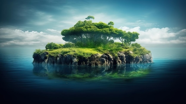 Un'isola con alberi e l'oceano sullo sfondo.