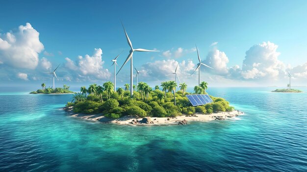 Un'isola con alberi erbosi e un cielo dotato di pannelli solari e turbine eoliche. Intelligenza artificiale generativa