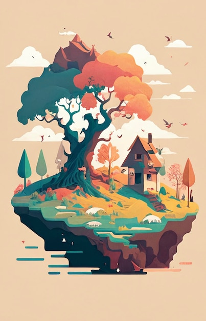 Un'isola con un albero e una casa sopra generativa ai