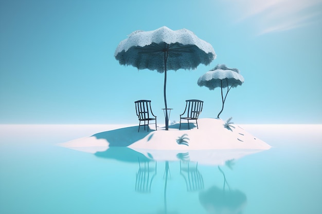 Un'isola con un ombrellone coperto di neve e sedie su di esso.