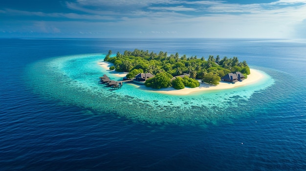 un'isola con una spiaggia e case sull'acqua