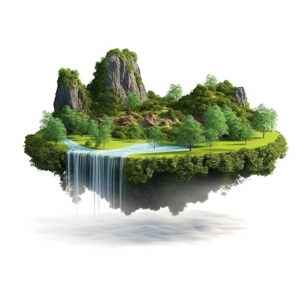 Un'isola galleggiante con una cascata e un albero con sopra la parola foresta.