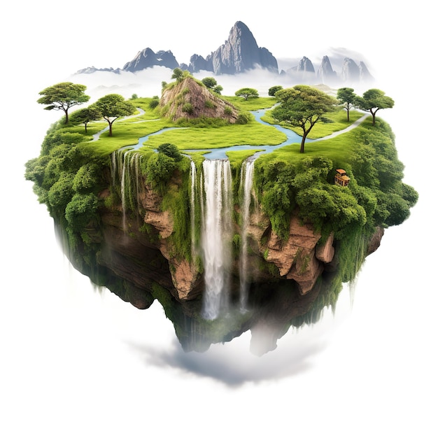 Un'isola galleggiante con una cascata e un albero con una cascata al centro.