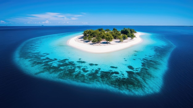 Un'isola in mezzo al mare circondata da acqua blu e sabbia bianca colorismo di colori profondi