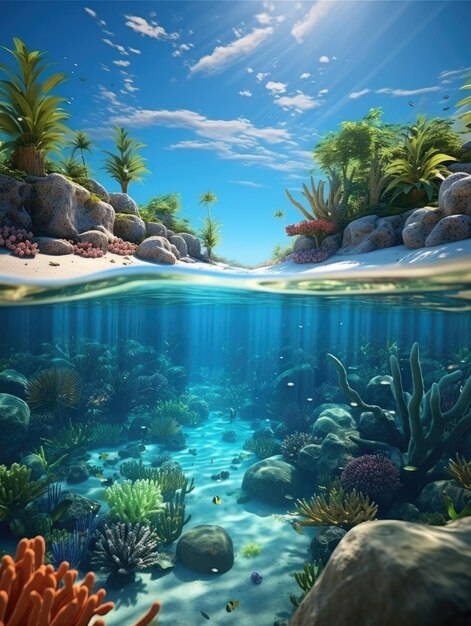 Un'isola paradisiaca tropicale con acque cristalline, spiagge orlate di palme e coralli colorati