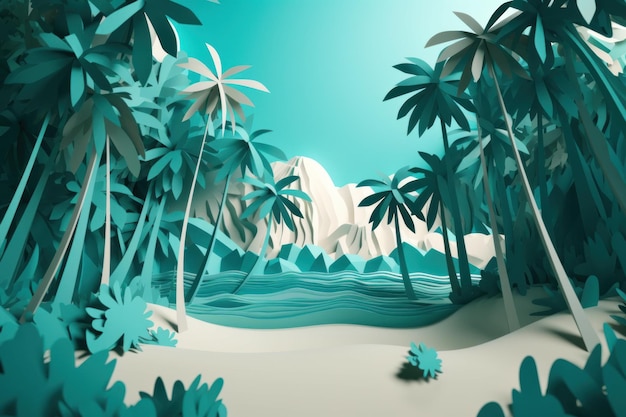 Un'isola tropicale con palme e montagne sullo sfondo.