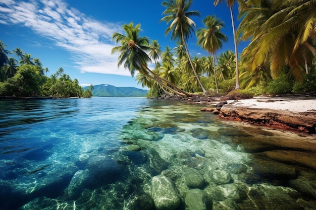 Un'isola tropicale con palme e rocce