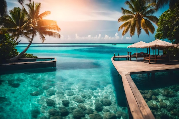 Un'isola tropicale con palme e un ponte sull'oceano.