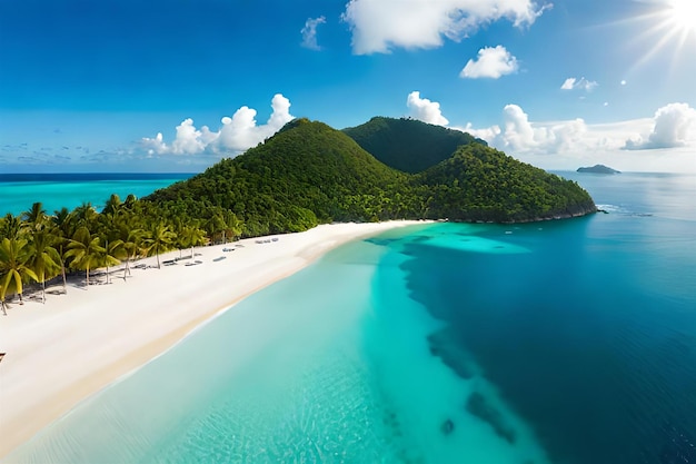 un'isola tropicale con spiaggia e montagne sullo sfondo