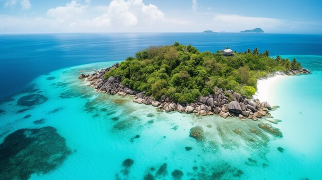 Un'isola tropicale con un'acqua blu e una casa bianca al centro