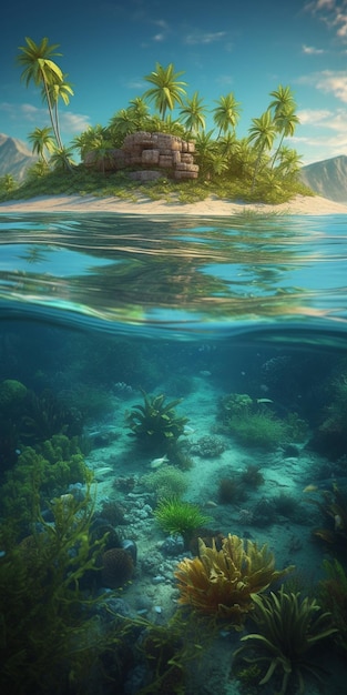 Un'isola tropicale con un albero e un pesce sopra