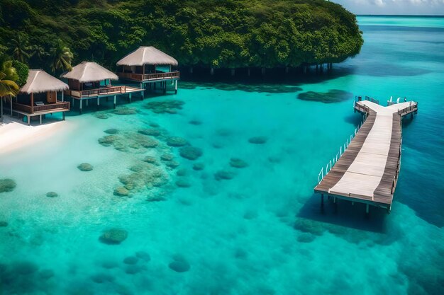 Un'isola tropicale con un molo e un'isola tropical nell'acqua