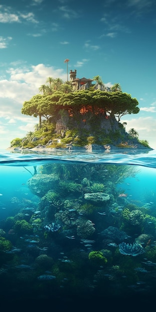 Un'isola tropicale con una casa sopra