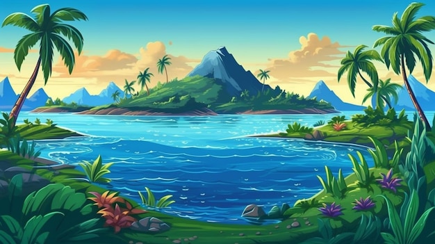 Un'isola tropicale dei cartoni animati con palme e acqua generativa ai