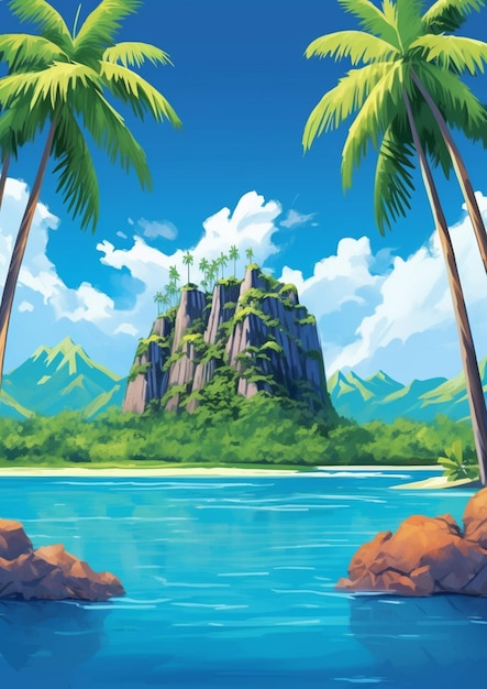 un'isola tropicale di cartoni animati con palme e una montagna sullo sfondo