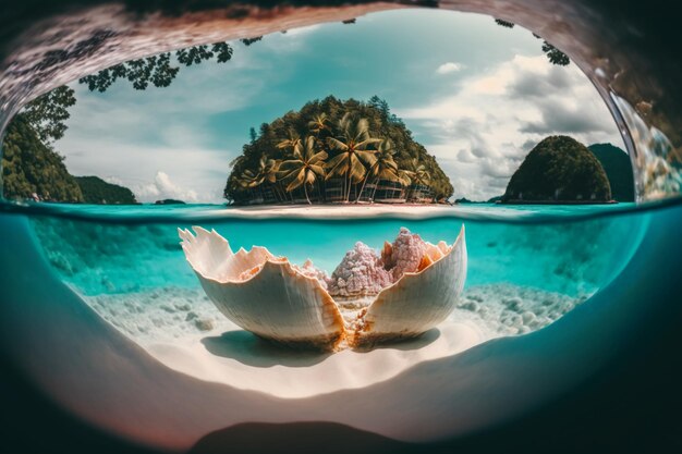 Un'isola tropicale è vista attraverso una conchiglia.