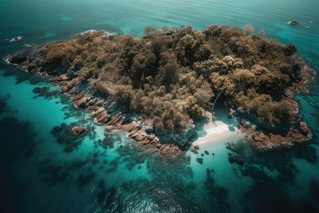 Un'isola tropicale in mezzo all'oceano Top view Palme verdi e spiaggia sull'isola Un posto per rilassarsi Isola subtropicale con palme Illustrazione generativa di AI