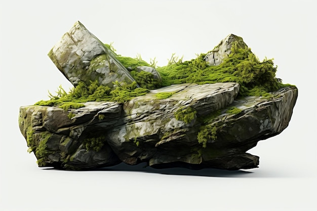 Un'isola verde lussureggiante ricoperta di muschio con alberi e rocce IA generativa