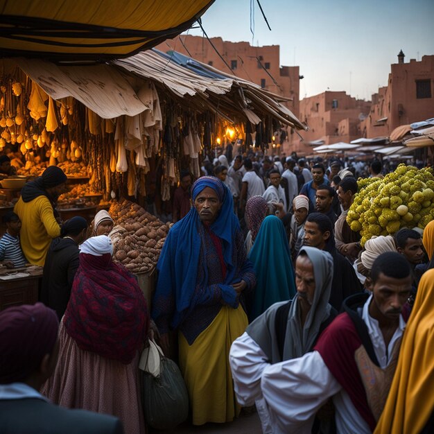 Un'istantanea di un mercato affollato a Marrakesh, in Marocco