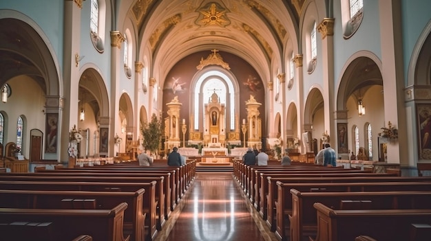 Un'istantanea scattata durante l'epidemia di coronavirus durante la Santa Messa in una chiesa cristiana Covid19 Mantieni le distanze mentre indossi le mascherine di sicurezza GENERARE AI