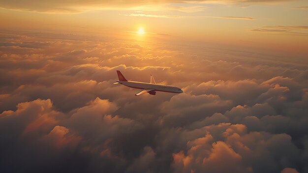 Un jet di linea vola in alto sopra le nuvole al tramonto Il sole che tramonta getta un caldo bagliore sulle nuvole e sull'aereo