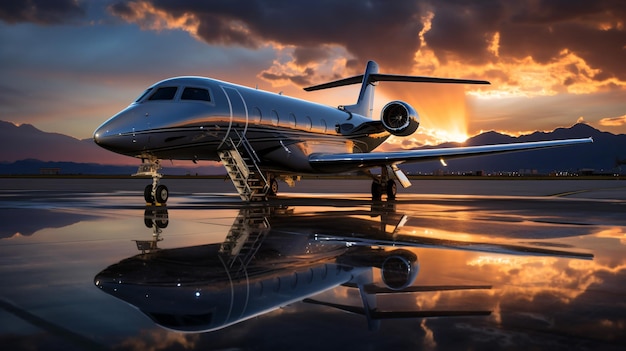 Un jet privato di lusso che vola attraverso i cieli nuvolosi illuminati dal tramonto