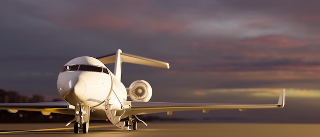 Un jet privato di lusso parcheggiato sulla pista sopra la vista sfocata del cielo al tramonto sullo sfondo Piano passeggeri