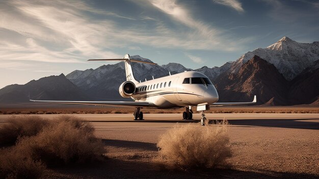 Un jet privato è parcheggiato su una pista di fronte alle montagne