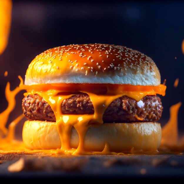 Un juicy cheeseburger con formaggio fuso che gocciola dai lati servito su un sesamo tostato