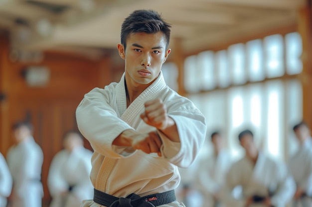 Un karate, un addestramento di arti marziali asiatiche in un dojo Ai generative