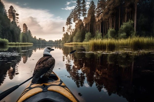 Un kayak con un'aquila sull'acqua