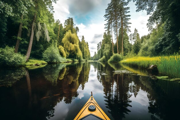 Un kayak è mostrato su un fiume con un cielo nuvoloso sullo sfondo.