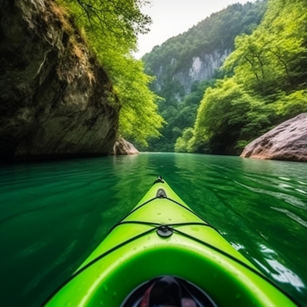 Un kayak verde sta galleggiando lungo un fiume con una superficie d'acqua verde.