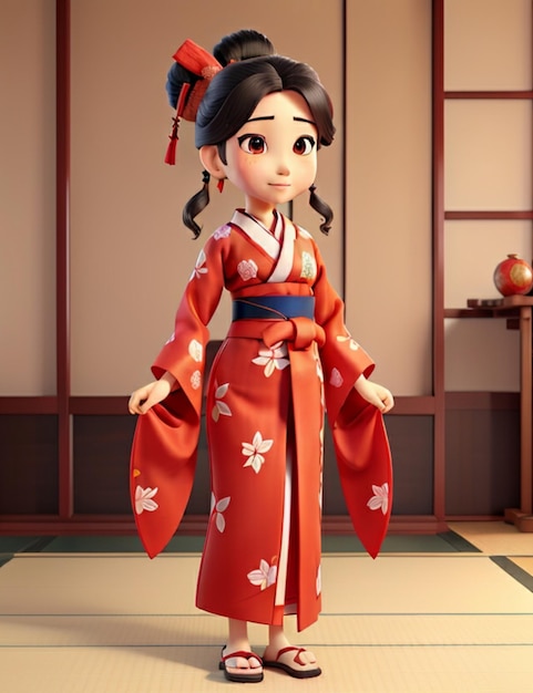 Un kimono tradizionale giapponese con ricami intricati e un'audace fascia obi rossa