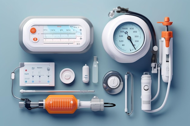 un kit medico di emergenza con vari oggetti su sfondo blu