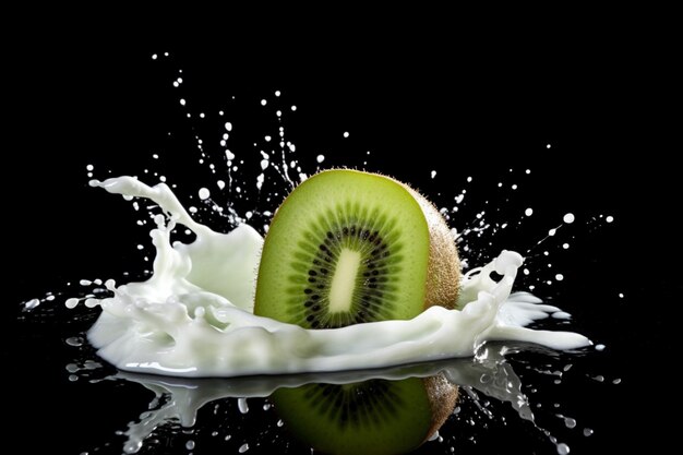 Un kiwi che cade in una spruzzata di latte.