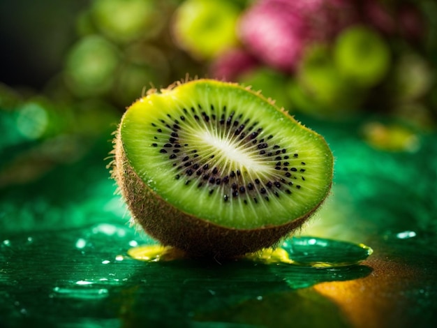 un kiwi con uno sfondo verde e il riflesso del frutto sul tavolo.