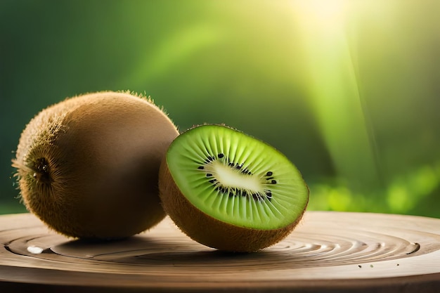 Un kiwi è tagliato a metà e ha uno sfondo verde.