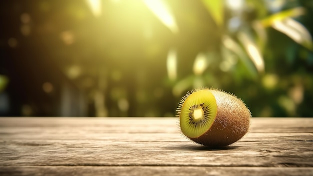 Un kiwi su un tavolo di legno