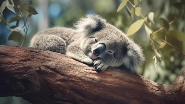 Un koala assonnato che sonnecchia su un albero generato dall'intelligenza artificiale