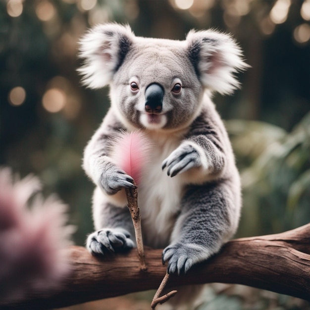 Un koala bianco e bluastro con una piuma nella zampa