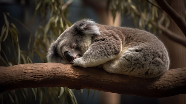 Un koala che dorme su un ramo in uno zoo.