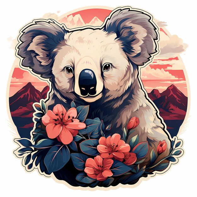 un koala con fiori e uno sfondo rosso con montagne sullo sfondo