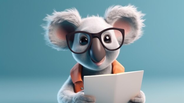 Un koala con gli occhiali che legge un libro.