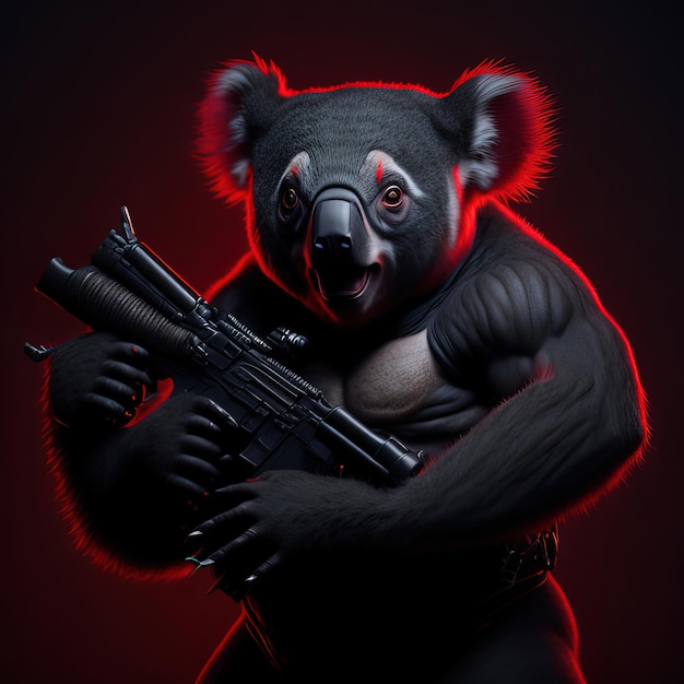 Un koala con una pistola è in piedi davanti a uno sfondo rosso.